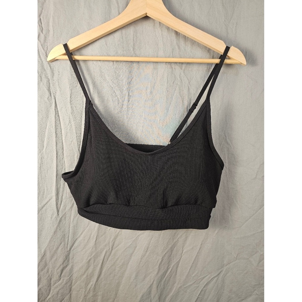 Black Ribbed Bikini Top Adjustable Spaghetti Straps Scoop Neck Swim XL